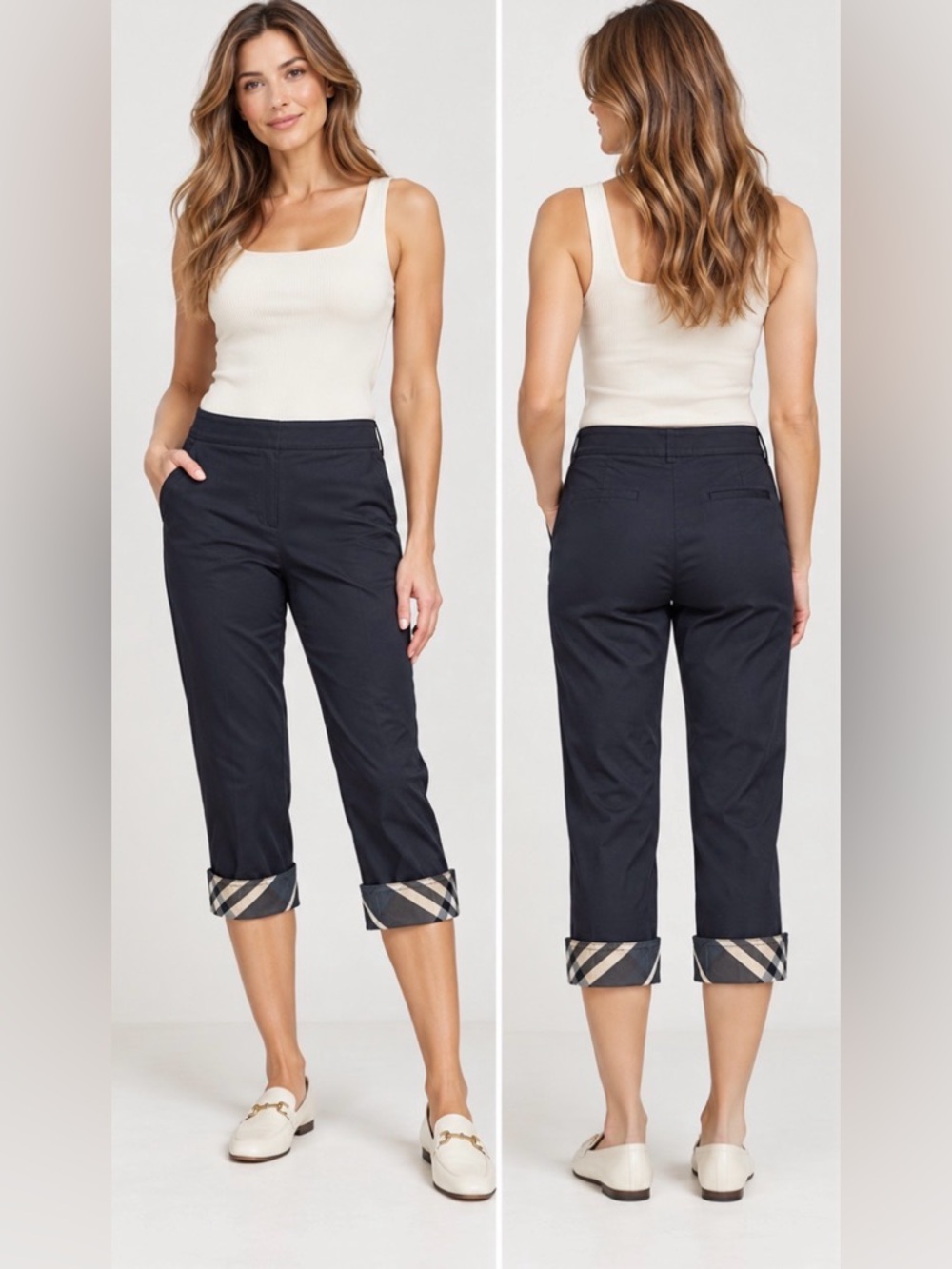 Burberry London Nova Check Cuff Capri Cropped Pants Navy US 8 - Picture 15 of 15
